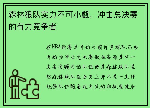 森林狼队实力不可小觑，冲击总决赛的有力竞争者