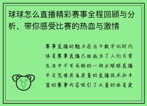 球球怎么直播精彩赛事全程回顾与分析，带你感受比赛的热血与激情